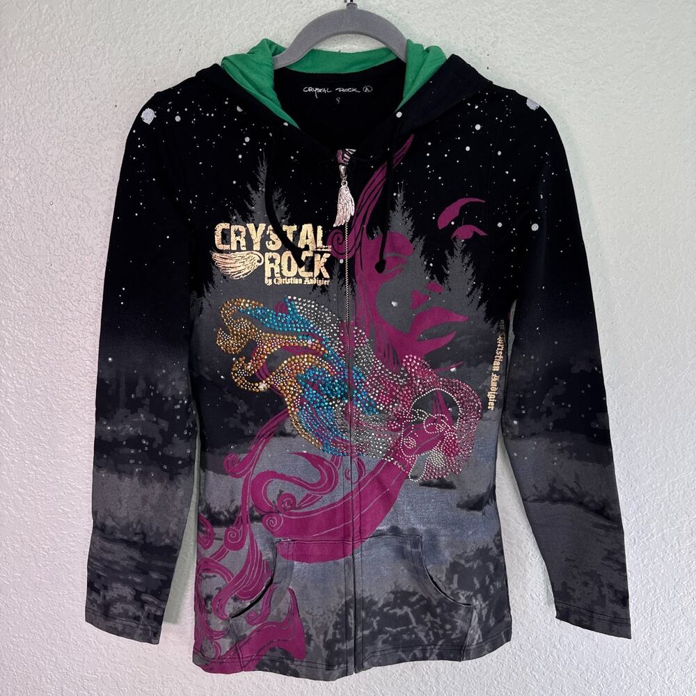 Christian Audigier Y2K Jacket Womens Small Crystal Rock Rhinestone Hoodie NEW